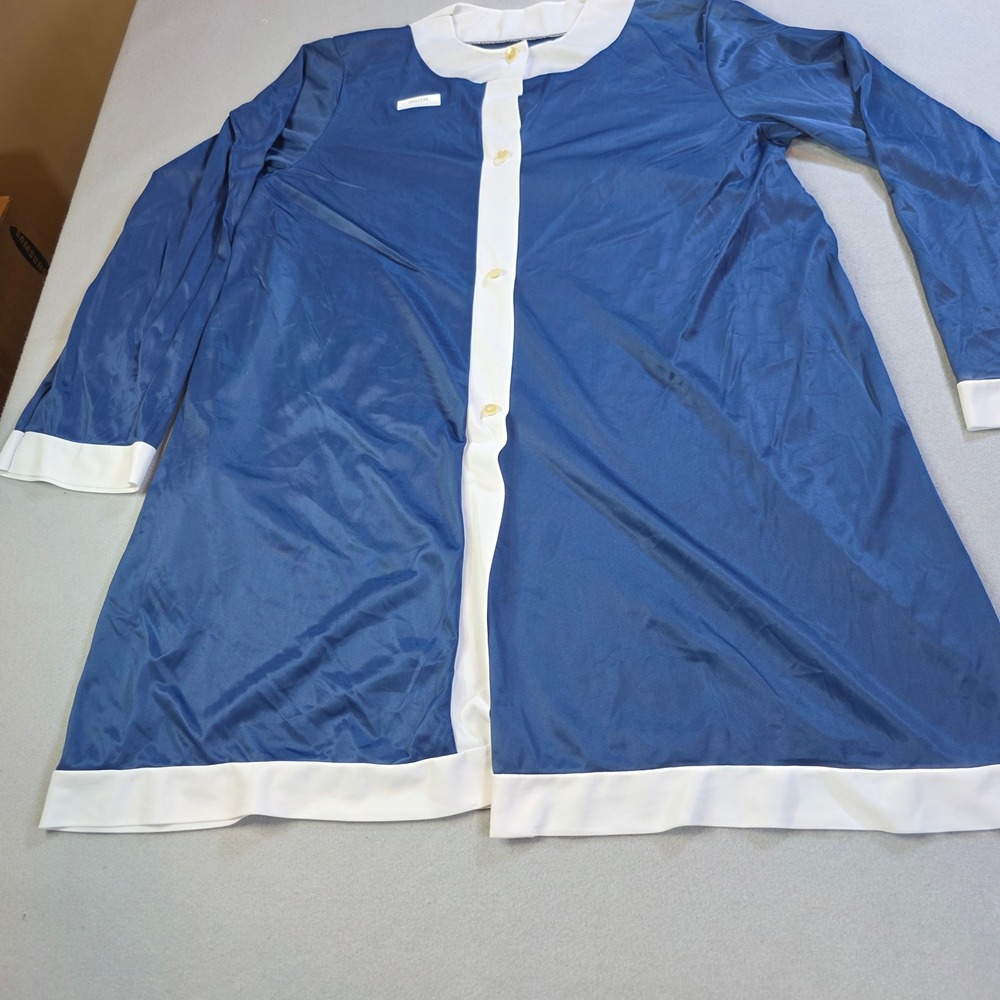 Vintage Blue Antron III Nylon Button Front House Coat Robe White Trim Size 38